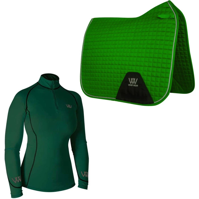 2022 Woof Wear Performance Riding Shirt & Dressage Saddle Cloth Bundle - British Racing Green Colour British Racing Green 1 2022 Woof Wear Performance Riding Shirt & Dressage Saddle Cloth Bundle - British Racing Green Colour British Racing Green