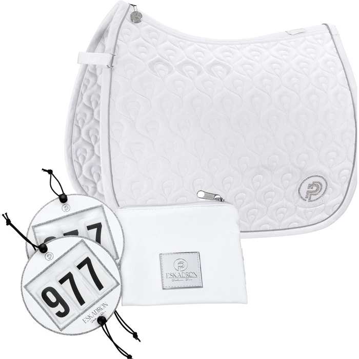 2023 Eskadron Highgloss Peacock Saddle Cloth & Round Bridle Number Holder Bundle PSNH23 - White 1 2023 Eskadron Highgloss Peacock Saddle Cloth & Round Bridle Number Holder Bundle PSNH23 - White
